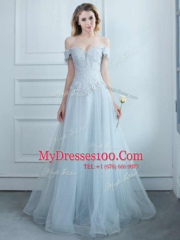 Free and Easy Off the Shoulder Light Blue Cap Sleeves Beading and Appliques Floor Length Bridesmaids Dress