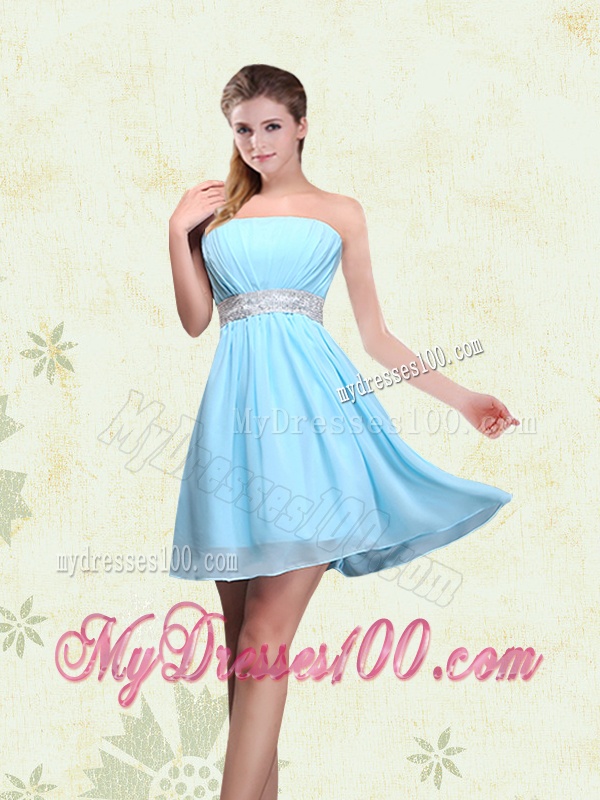 2016 Ruching Chiffon Aqua Blue Bridesmaid Dresses with Mini Length