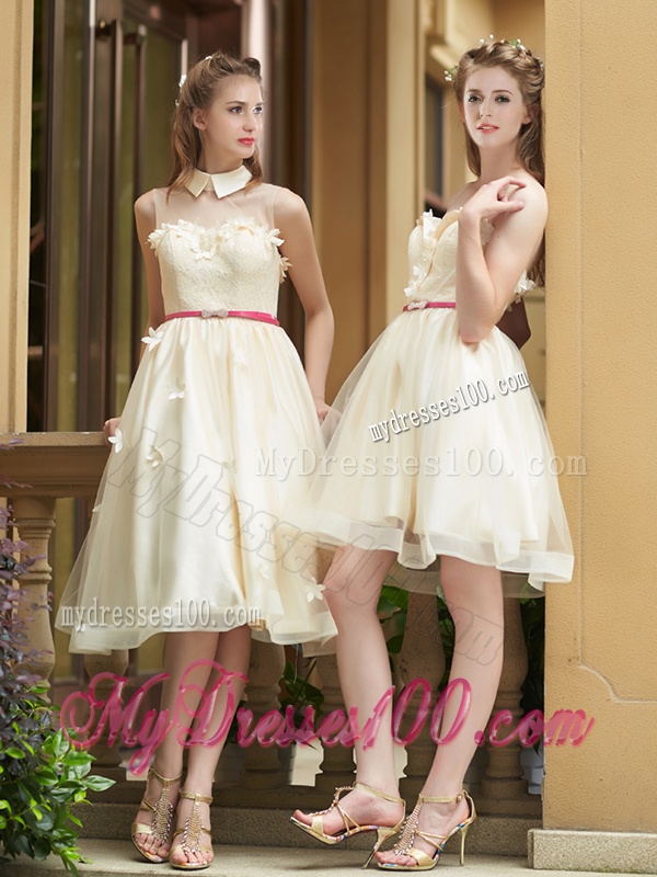 Best Selling Champagne Organza Bridesmaid Dress with Appliques and Sashes
