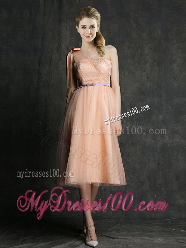 Best Selling Sashed Peach Bridesmaid Dress in Knee Length