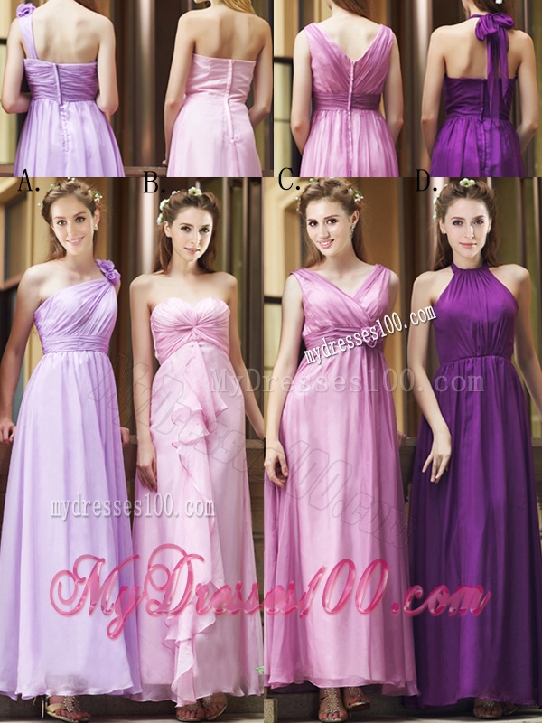 Classical Empire Ruched Chiffon Zipper Up Bridesmaid Dress in Ankle Length