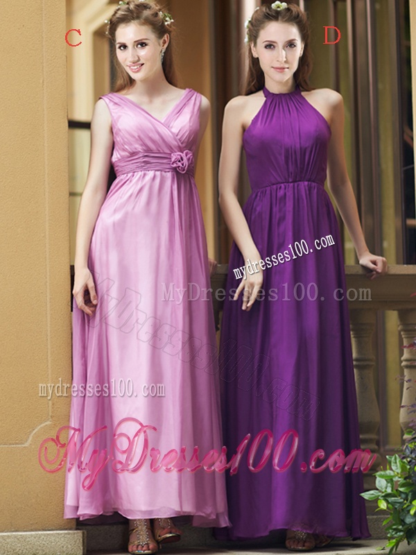 Classical Empire Ruched Chiffon Zipper Up Bridesmaid Dress in Ankle Length