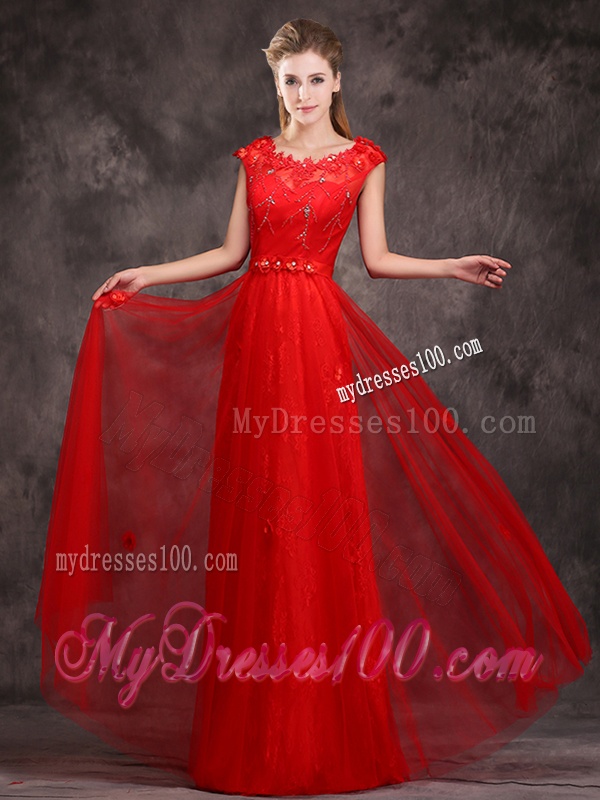 Discount Beaded and Applique Cap Sleeves Long Bridesmaid Dress in Tulle