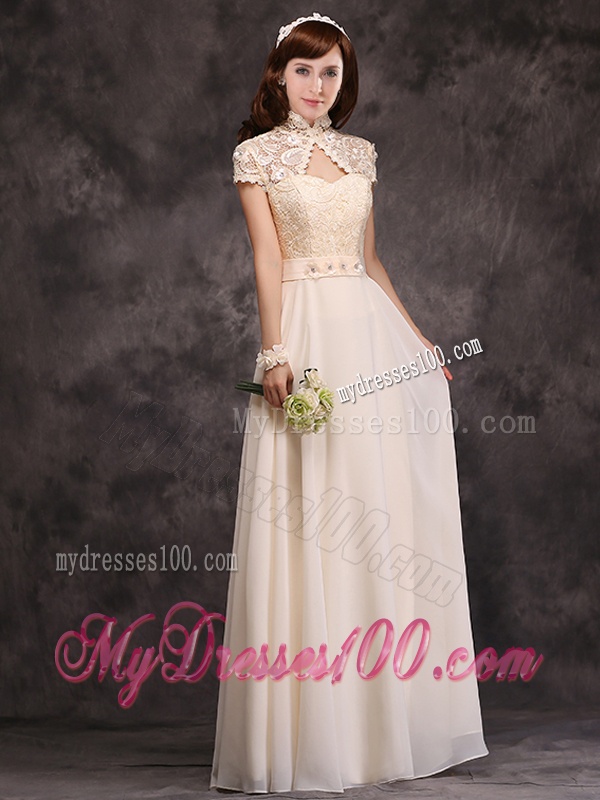 Discount High Neck Applique and Laced Bridesmaid Dress with Cap Sleeves