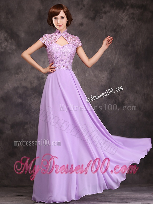 Discount High Neck Applique and Laced Bridesmaid Dress with Cap Sleeves