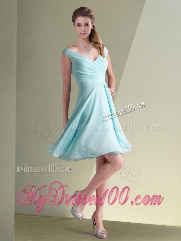 Elegant Empire Ruched Decorated Chiffon Bridesmaid Dress in Aqua Blue