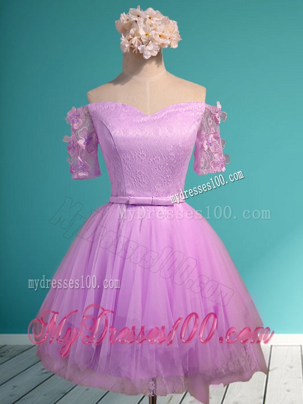 Elegant Off the Shoulder Short Sleeves Bridesmaid Dress with Appliques and Belt