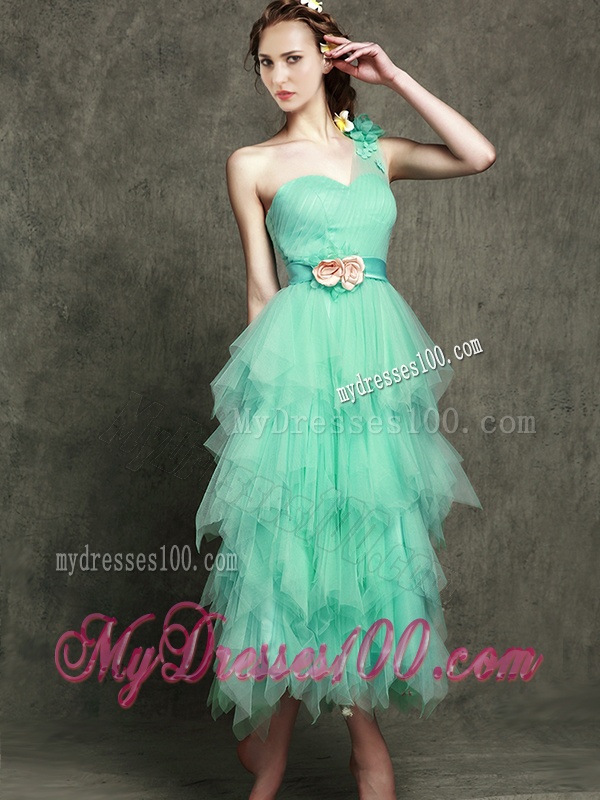 Exclusive Hand Made Flowers Ankle Length Bridesmaid Dress in Apple Green