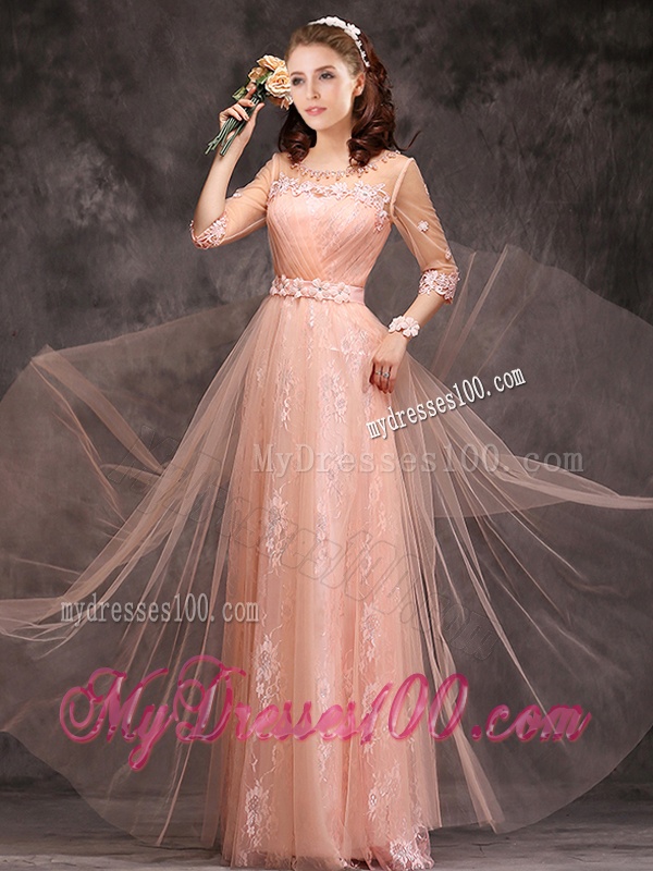 Exclusive See Through Scoop Applique and Laced Bridesmaid Dress with Half Sleeves