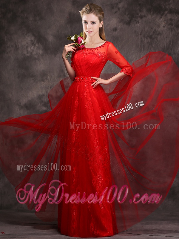 Exclusive See Through Scoop Applique and Laced Bridesmaid Dress with Half Sleeves