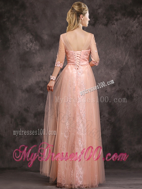 Exclusive See Through Scoop Applique and Laced Bridesmaid Dress with Half Sleeves