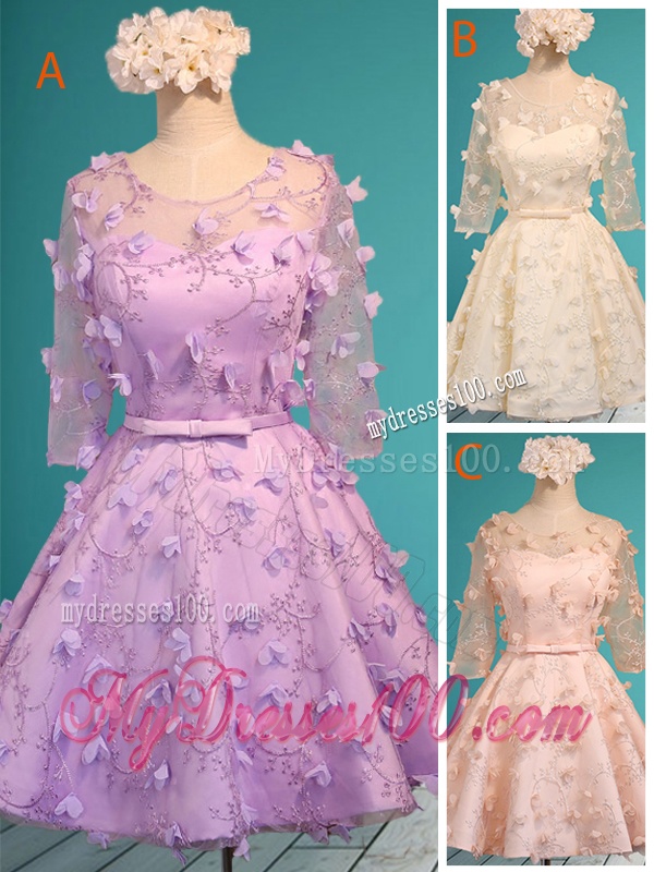 Exclusive See Through Scoop Half Sleeves Bridesmaid Dress with Appliques and Belt