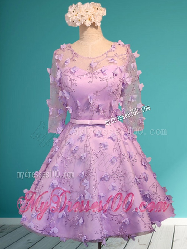 Exclusive See Through Scoop Half Sleeves Bridesmaid Dress with Appliques and Belt