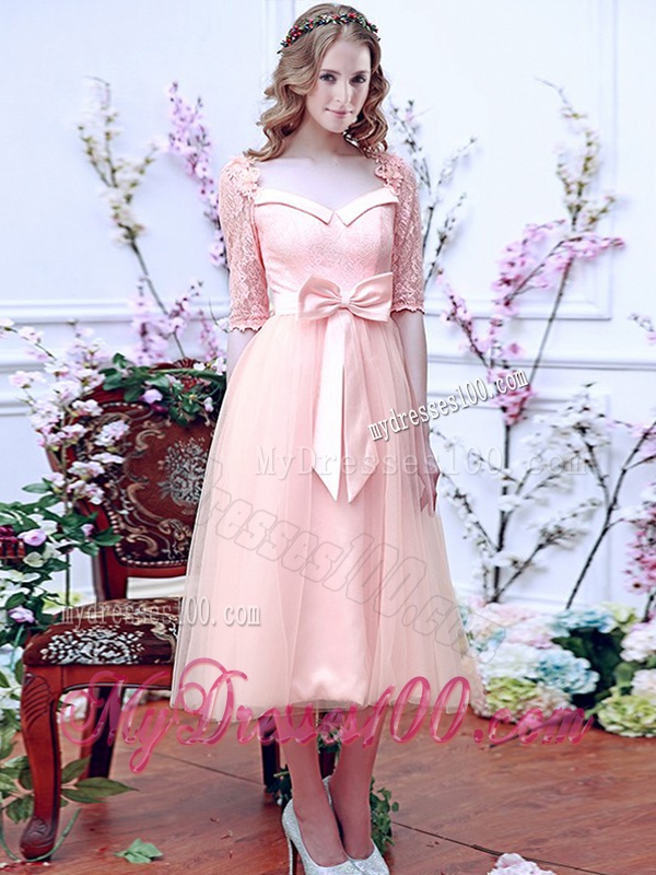 Gorgeous Off the Shoulder Cap Sleeves Bridesmaid Dress with Bowknot