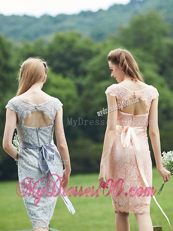 Luxurious See Through Scoop Cap Sleeves Bridesmaid Dress with Sashes