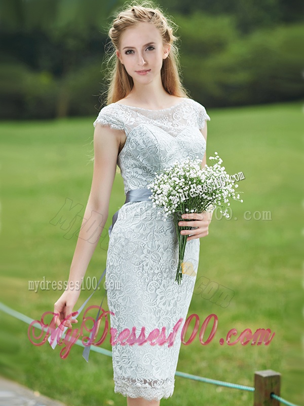 Luxurious See Through Scoop Cap Sleeves Bridesmaid Dress with Sashes