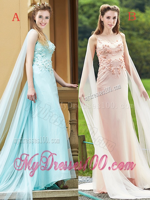 Modern Bateau Applique Decorated Bodice Bridesmaid Dress with Watteau Train
