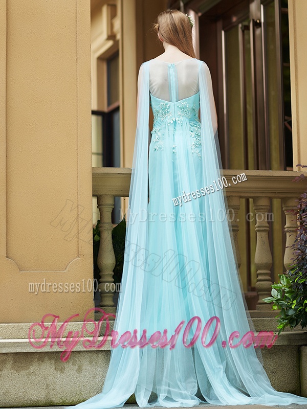 Modern Bateau Applique Decorated Bodice Bridesmaid Dress with Watteau Train