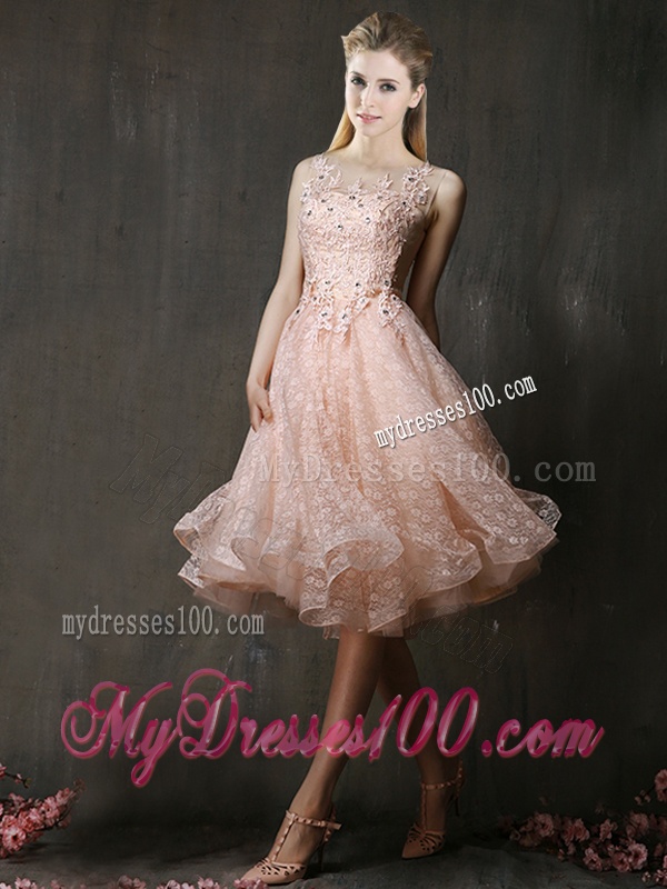 Modern Bateau Beaded and Applique Bridesmaid Dress with Polka Dot