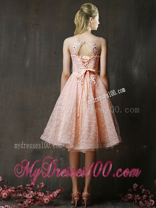 Modern Bateau Beaded and Applique Bridesmaid Dress with Polka Dot