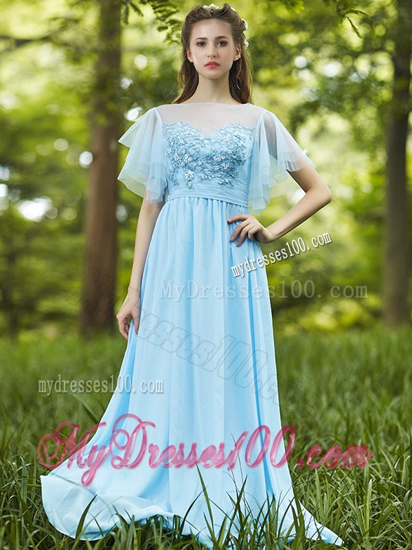 Modest Light Blue Empire Long Bridesmaid Dress with Appliques