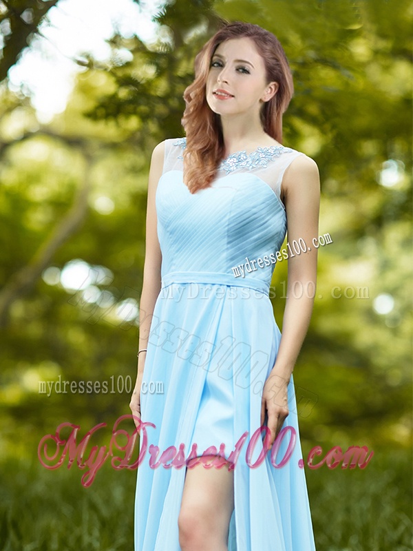 Modest Light Blue Empire Long Bridesmaid Dress with Appliques