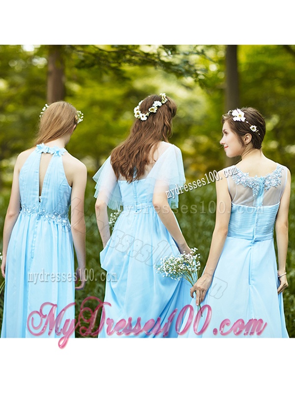 Modest Light Blue Empire Long Bridesmaid Dress with Appliques