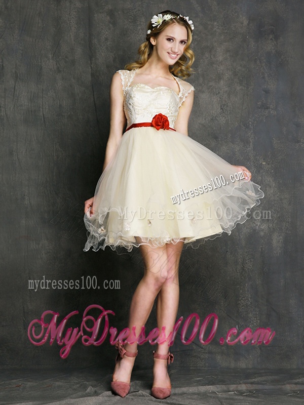 Most Popular Champagne Mini Length Bridesmaid Dress with Belt