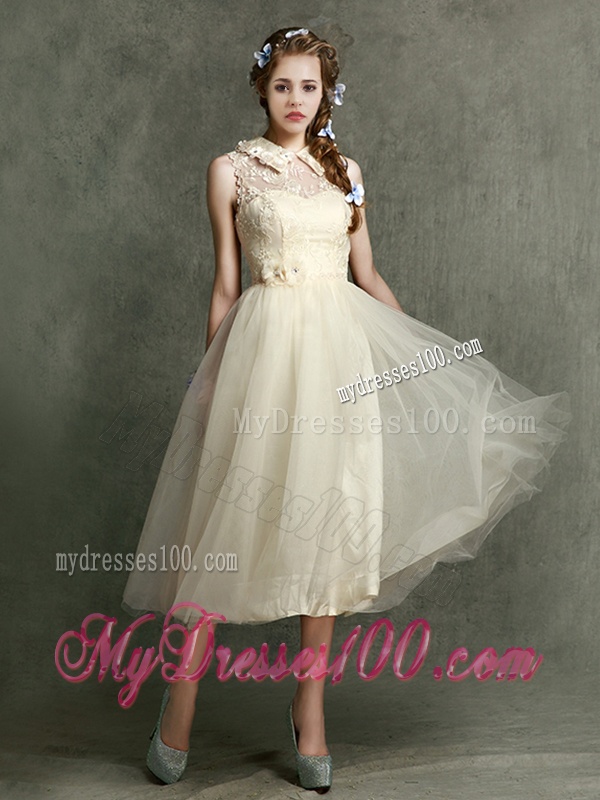 New Arrivals Tea Length Tulle Bridesmaid Dress in Champagne