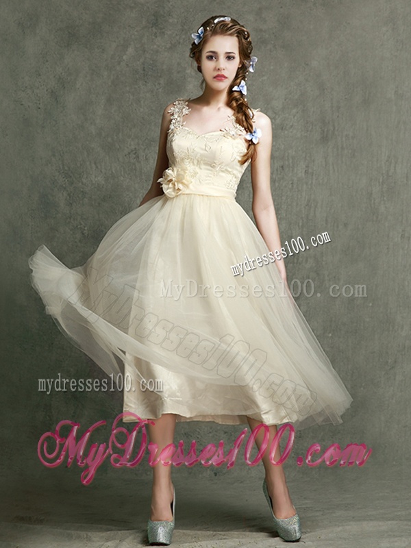 New Arrivals Tea Length Tulle Bridesmaid Dress in Champagne