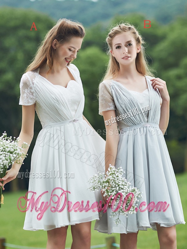 New Short Sleeves Bridesmaid Dress with Belt and Lace