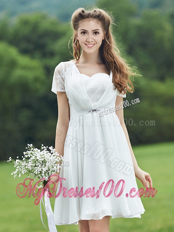 New Short Sleeves Bridesmaid Dress with Belt and Lace