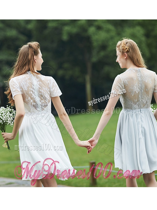 New Short Sleeves Bridesmaid Dress with Belt and Lace
