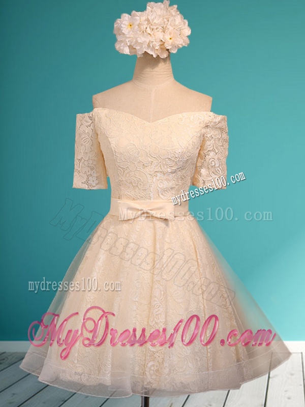 New Style Off the Shoulder Short Sleeves Bridesmaid Dress with Bowknot