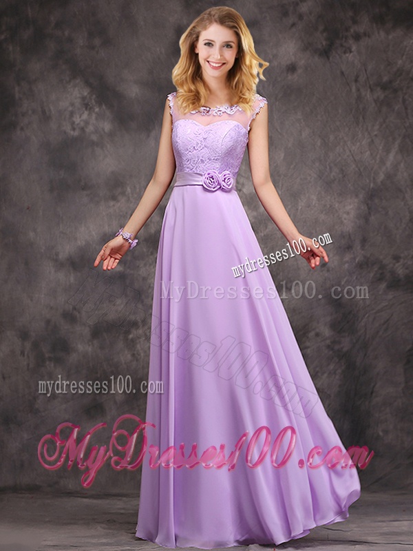 Perfect Applique and Laced Lavender Long Bridesmaid Dress in Chiffon