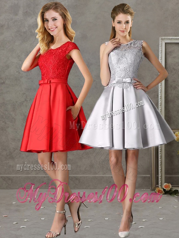 Popular Scoop Cap Sleeves Bridesmaid Dress with Bowknot and Lace