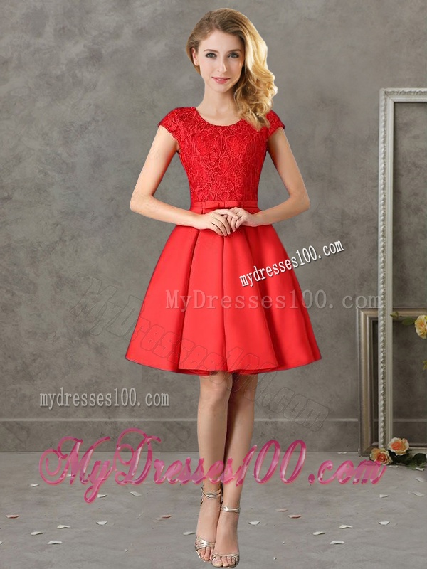 Popular Scoop Cap Sleeves Bridesmaid Dress with Bowknot and Lace