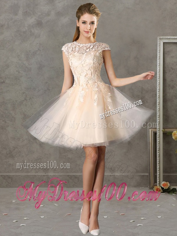 Romantic Bateau Cap Sleeves Short Bridesmaid Dress with Lace