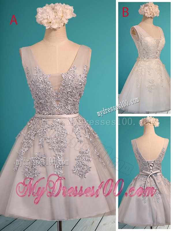 See Through Deep V Neckline Bridesmaid Dress with Appliques and Belt