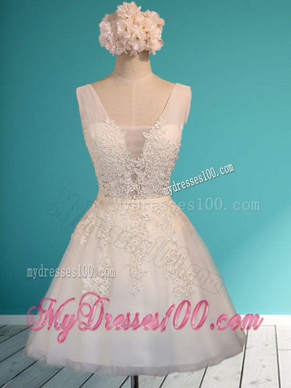 See Through Deep V Neckline Bridesmaid Dress with Appliques and Belt