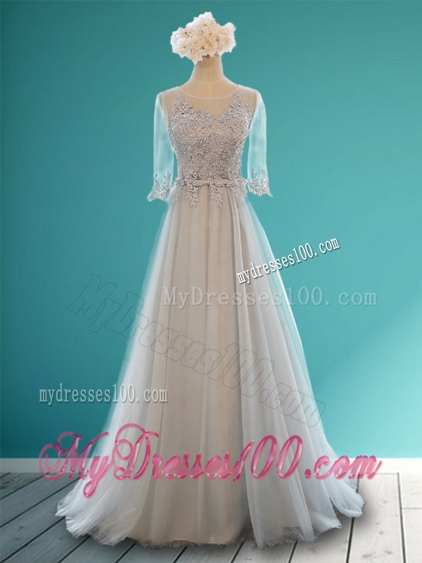 See Through Scoop Half Sleeves Bridesmaid Dress with Appliques and Belt