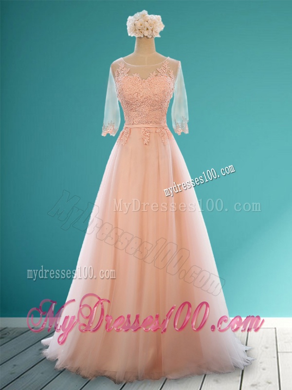 See Through Scoop Half Sleeves Bridesmaid Dress with Appliques and Belt