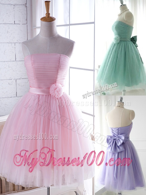 Unique Strapless Tulle Short Bridesmaid Dress with Handcrafted Flower