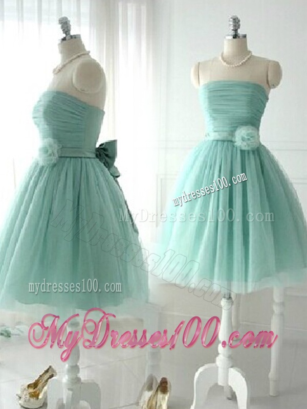 Unique Strapless Tulle Short Bridesmaid Dress with Handcrafted Flower