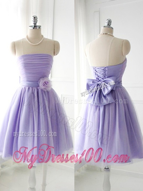 Unique Strapless Tulle Short Bridesmaid Dress with Handcrafted Flower