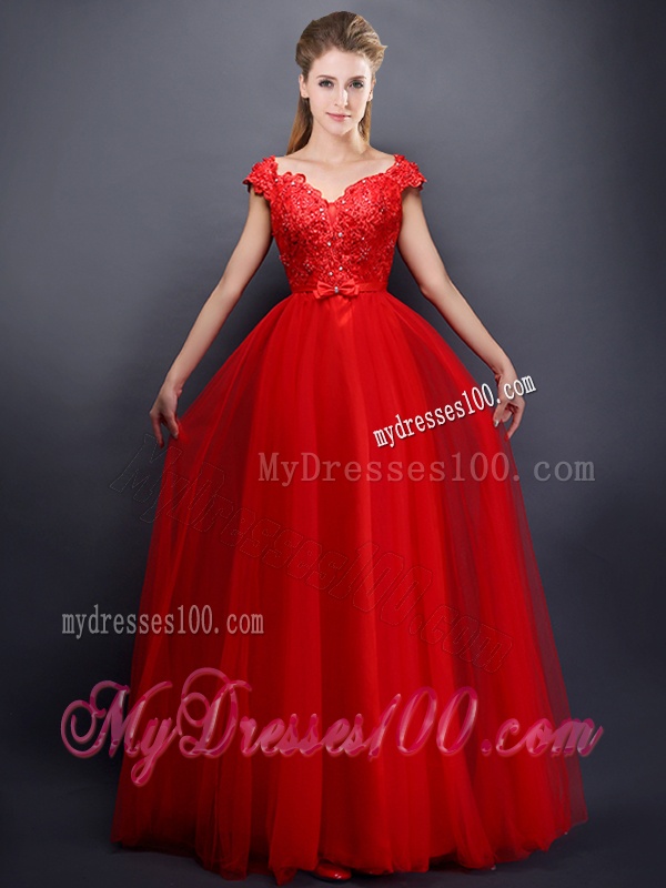 Unique V Neck Tulle Bridesmaid Dress with Beading and Bowknot