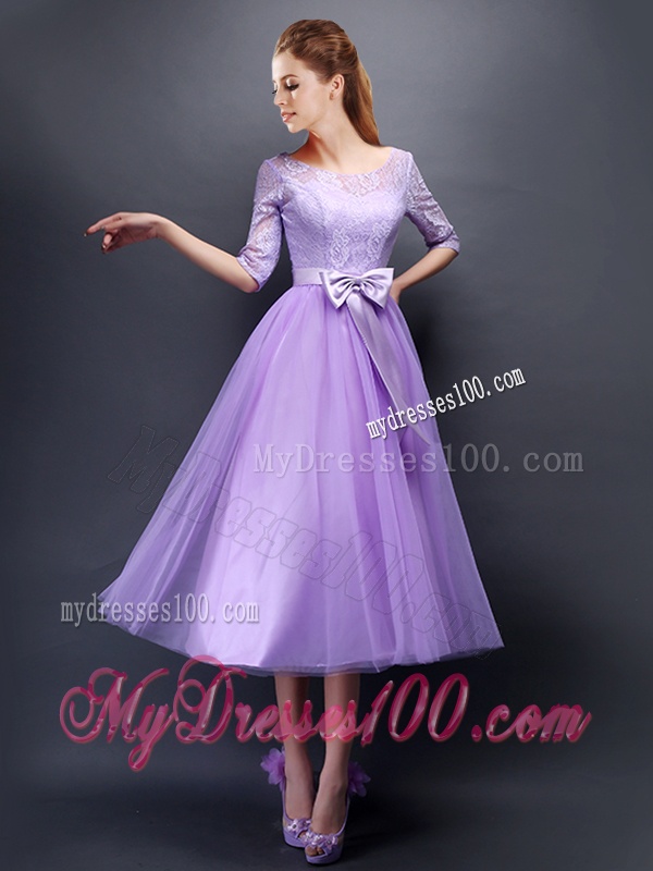 Wonderful See Through Scoop Half Sleeves Bridesmaid Dress with Bowknot