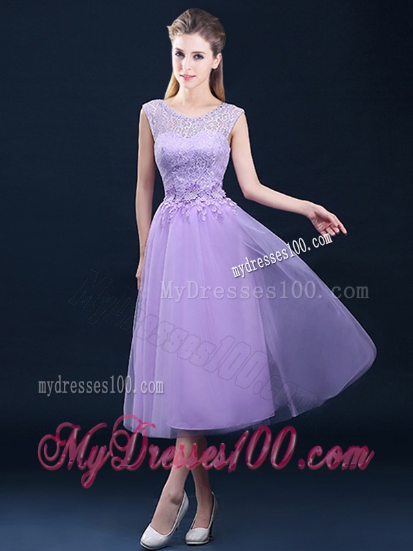 Exclusive A Line Tulle Lavender Bridesmaid Dress in Tea Length