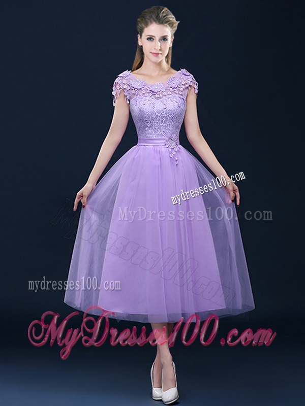 Exclusive A Line Tulle Lavender Bridesmaid Dress in Tea Length