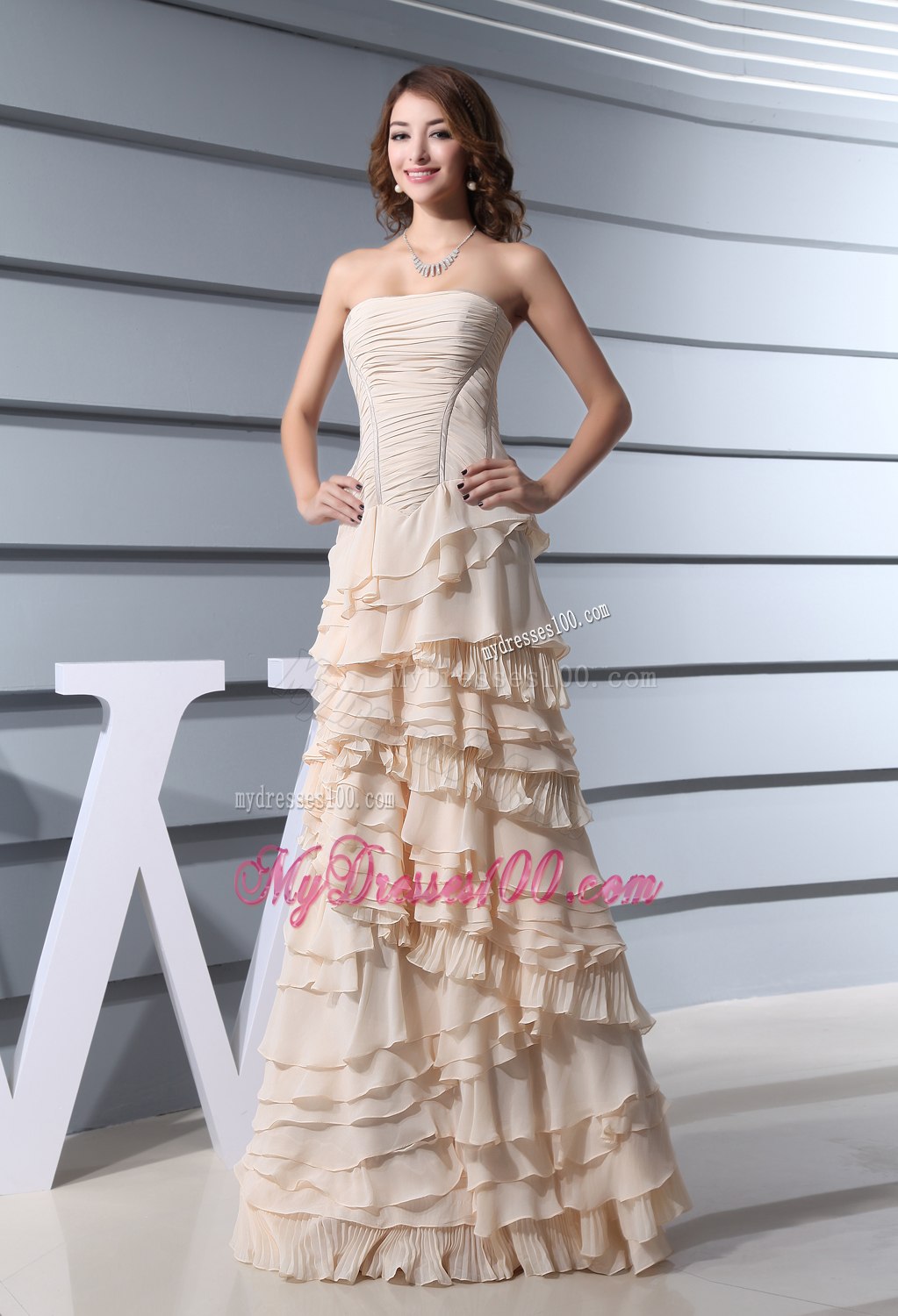 Strapless Ruffled Layers long 2013 Champagne Celebrity Dresses